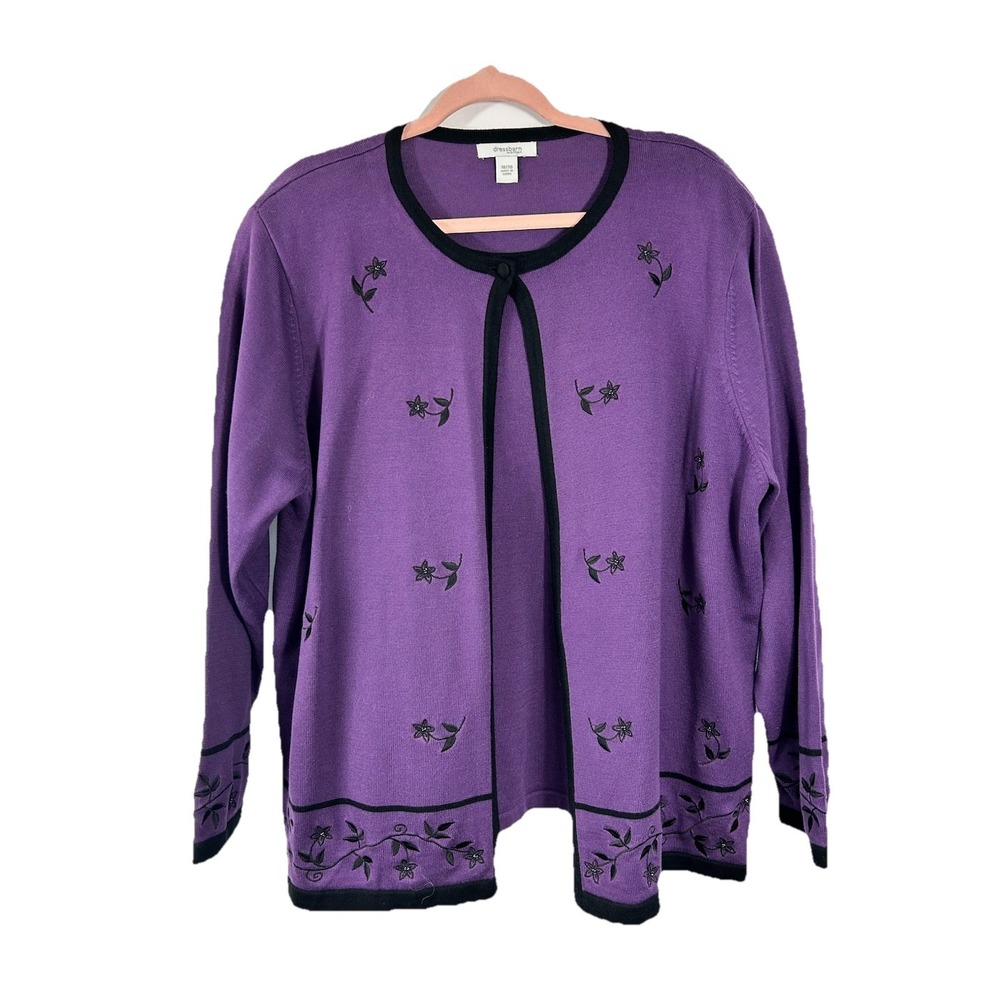 VTG Dressbarn Purple Cardigan 18/20 Floral Embroidered Dark Cottage Lagenlook Ar
